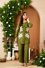 Mul Chanderi appliqué work co ord set green
