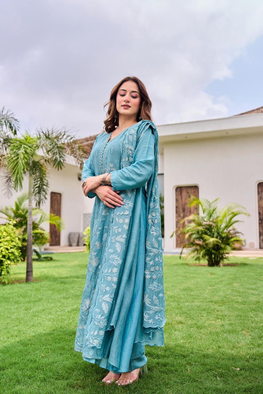 Fully embroidered Mul Chanderi full suit in blue