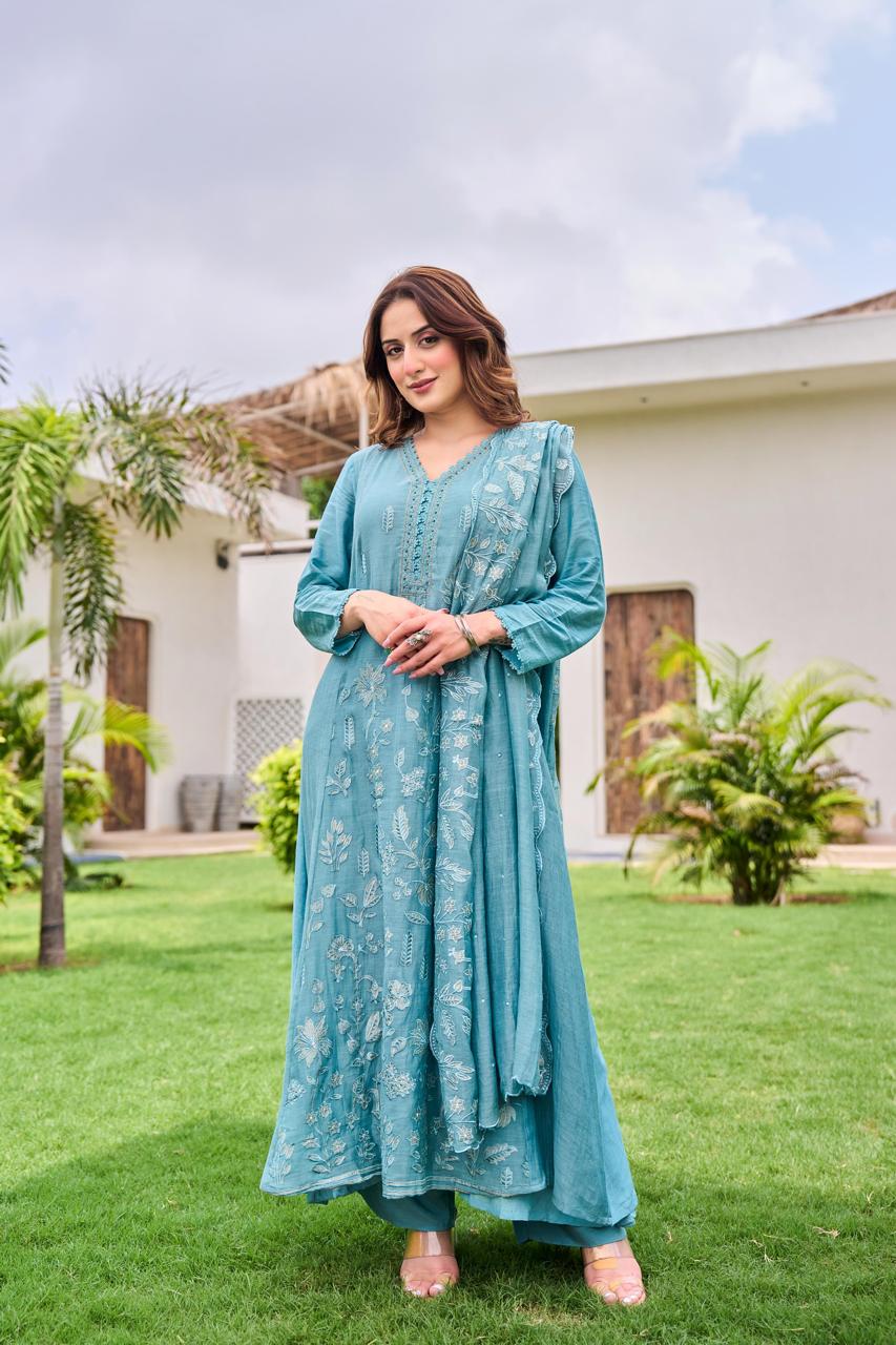 Fully embroidered Mul Chanderi full suit in blue