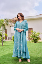Fully embroidered Mul Chanderi full suit in blue