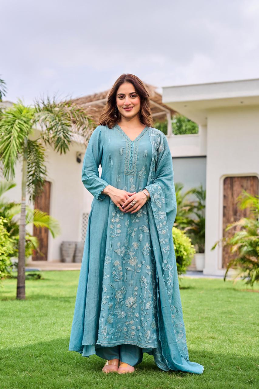 Fully embroidered Mul Chanderi full suit in blue