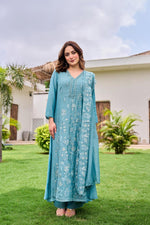 Fully embroidered Mul Chanderi full suit in blue