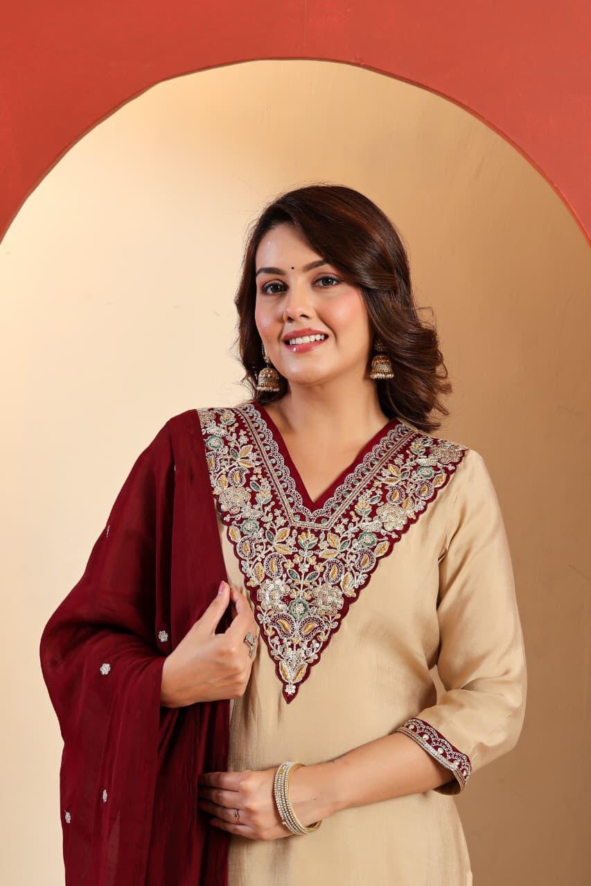 Restocked !! Wow muslin V neck Zari detailing suit set !! Dispatch Next Week