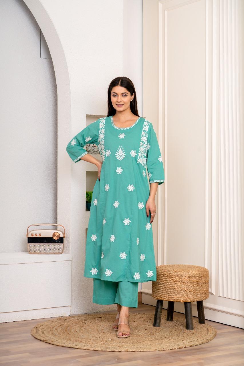 Pretty chikankari cotton kurta pant