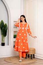 Pretty chikankari cotton kurta pant in orange