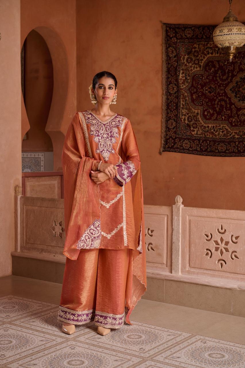 Royal look! Premium tissue hand Zari detailing suit set comes with lining in blue