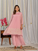 Pretty pearl detailing pure chinon suit set in pink