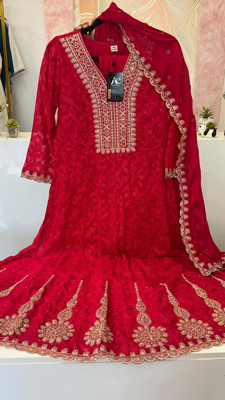 Premium embroidered cotton must have Anarkali suit set in pink