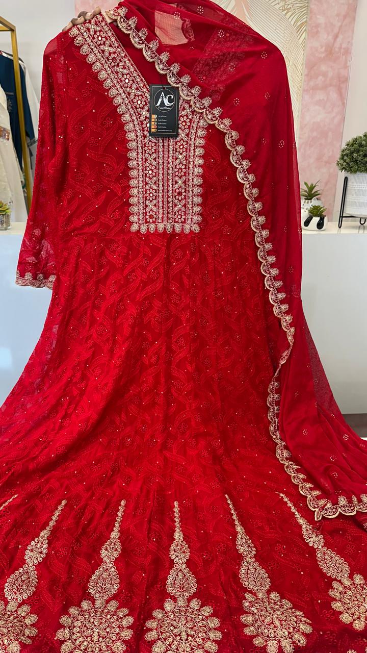 Premium embroidered cotton must have Anarkali suit set in red