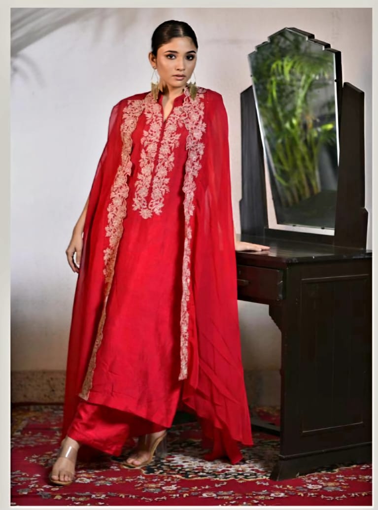 Beautiful silk set paired with organza cape in cherry red
