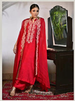 Beautiful silk set paired with organza cape in cherry red