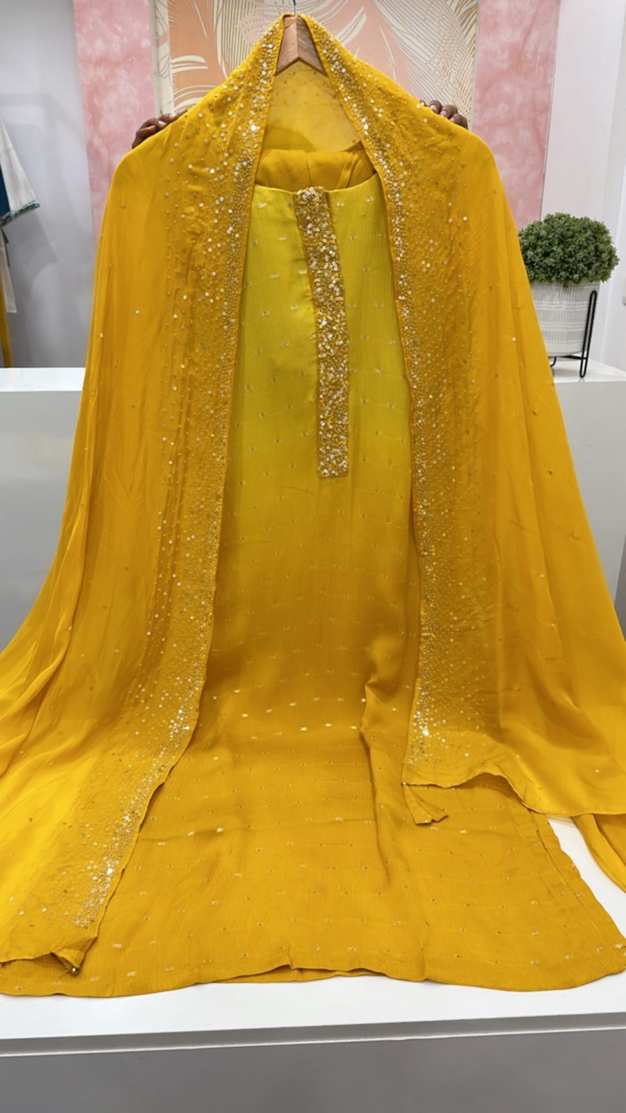 Heavy chinon with full gold Zari weaving suit paired with crepe embellished dupatta in yellow - ombré