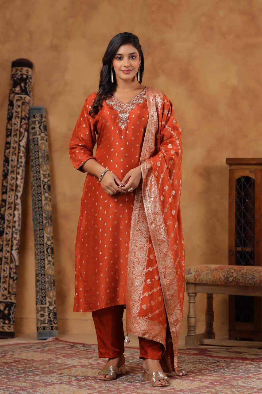 Banarasi silk V neck suit set in rust