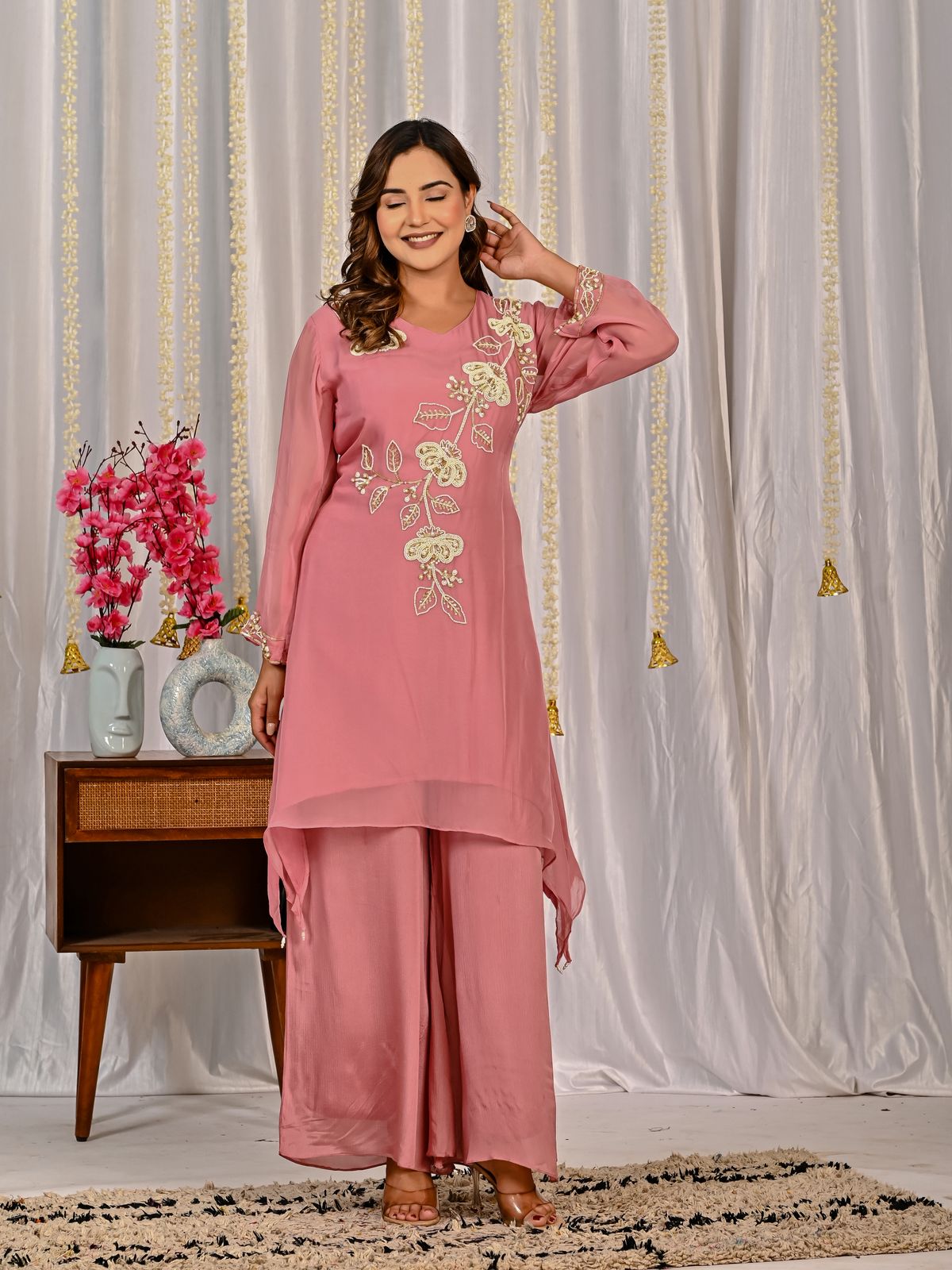 Super pretty organza full handwork co ord set in peach