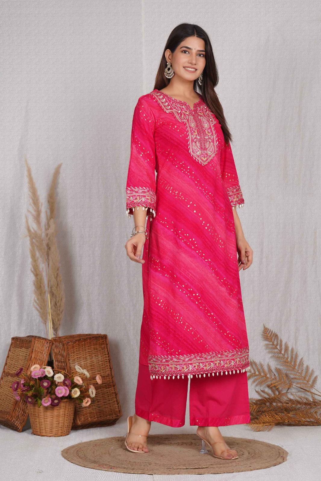 Pure cotton premium hand work n detailing suit set in pink