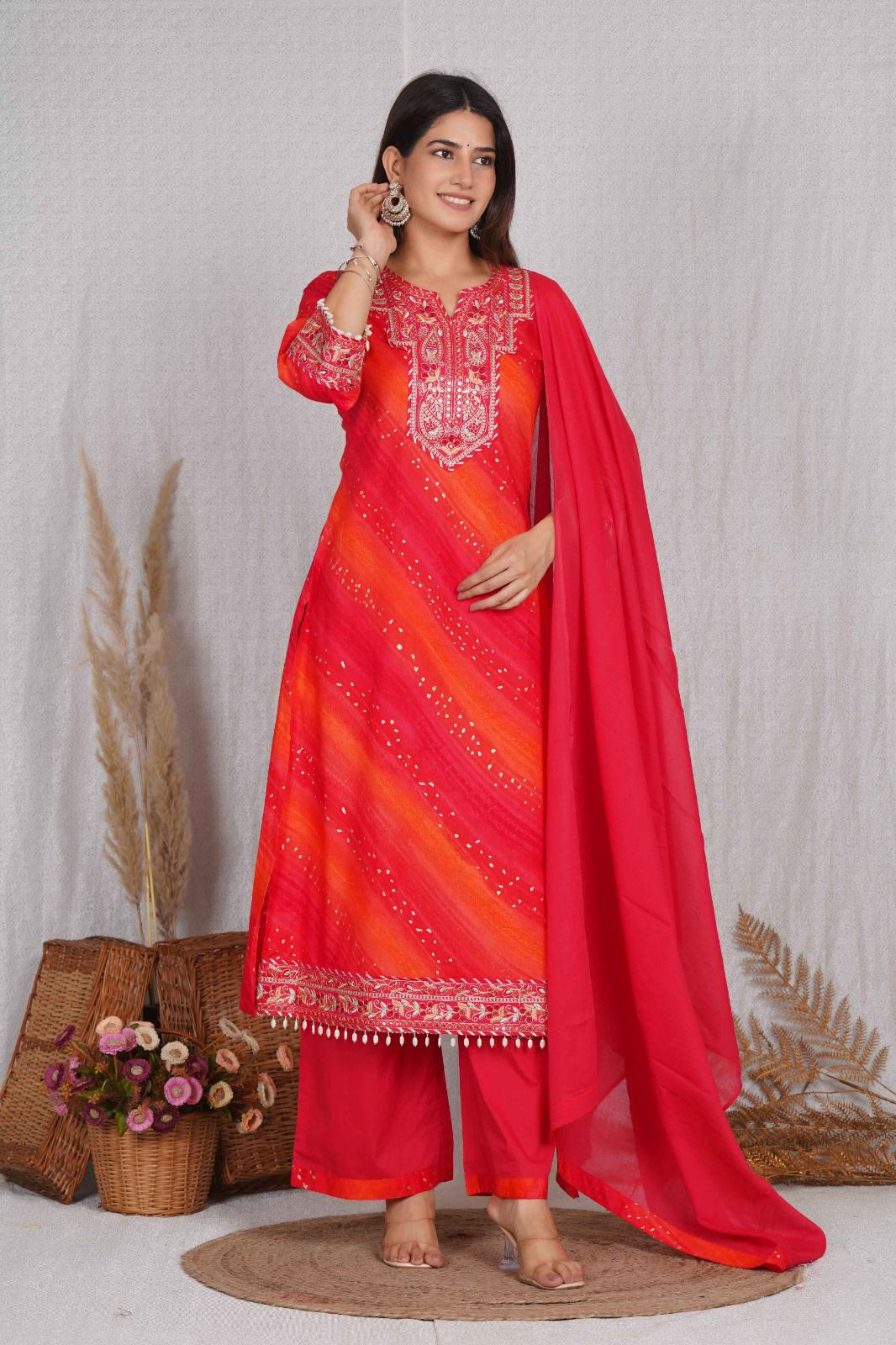 Pure cotton premium hand work detailing suit set in red n orange