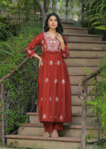 Designer pure cotton full embroidered suit set in red