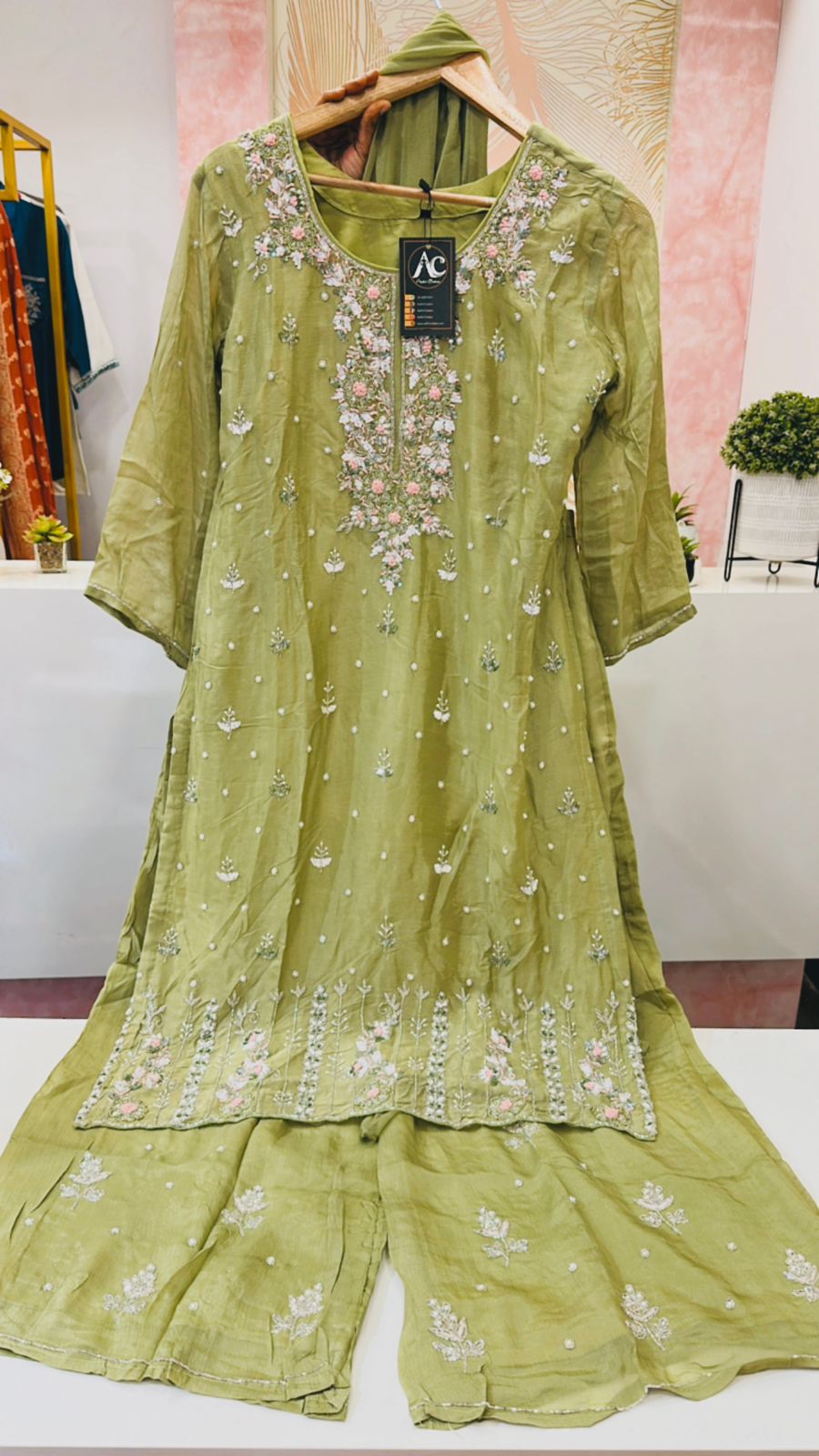 Pure chinon complete hand work suit set in green