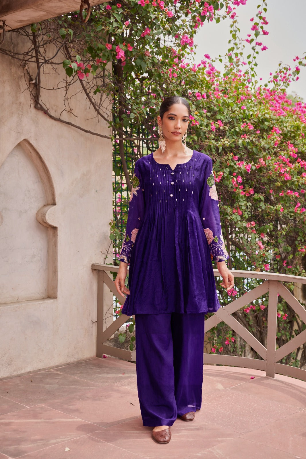 Appliqué work Mul Chanderi suit set in purple