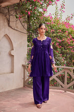 Appliqué work Mul Chanderi suit set in purple