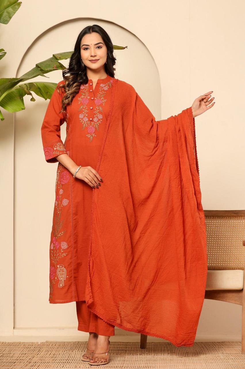 Orange jamdani pure cotton suit set