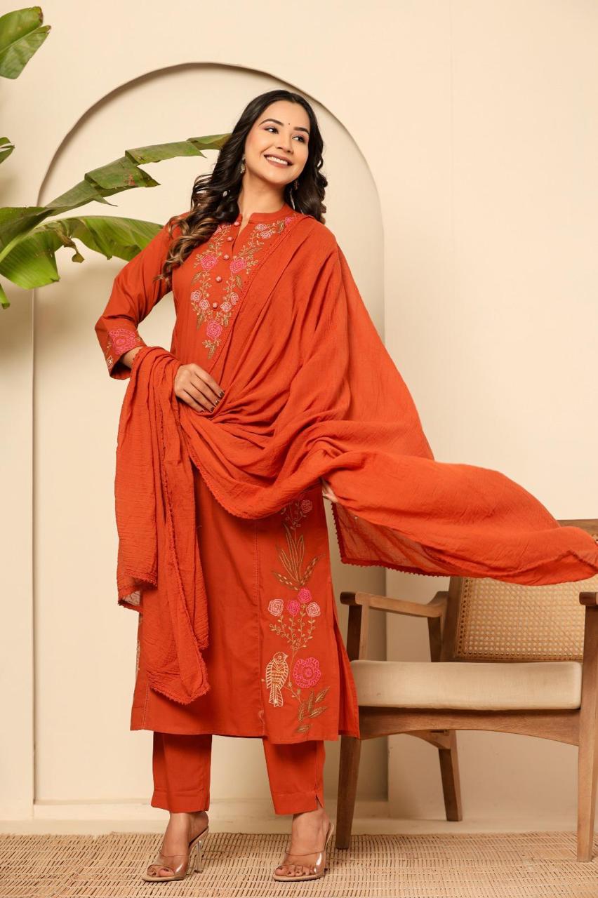 Orange jamdani pure cotton suit set