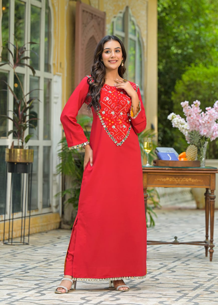 Red bandhani cotton kurta pant