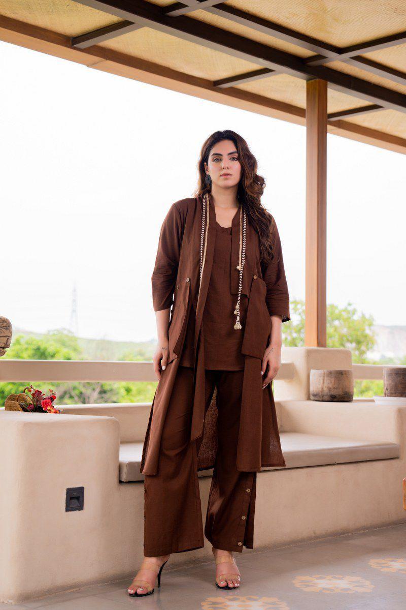 Designer cotton jacket pattern co ord set in brown
