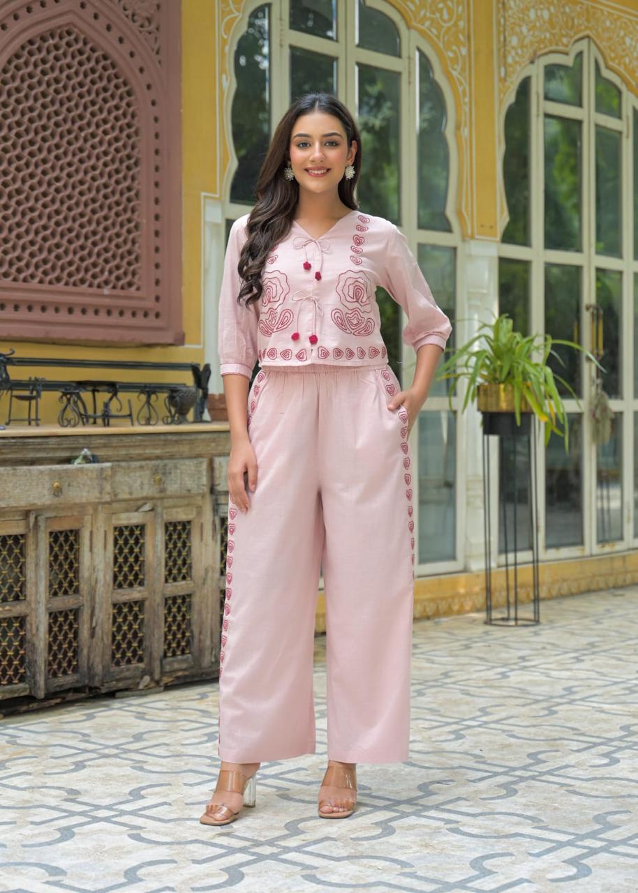 Designer embroidered cotton co ord in pink