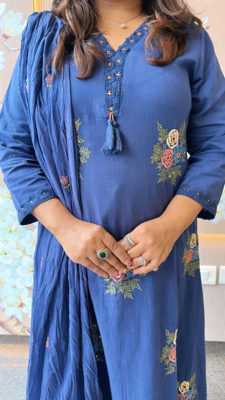 Restocked !! Gorgeous pure cotton suit embroidered in blue !! Dispatch Next Week