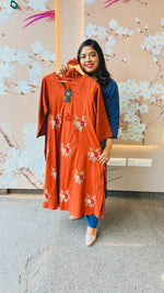 Gorgeous pure cotton suit embroidered in rust