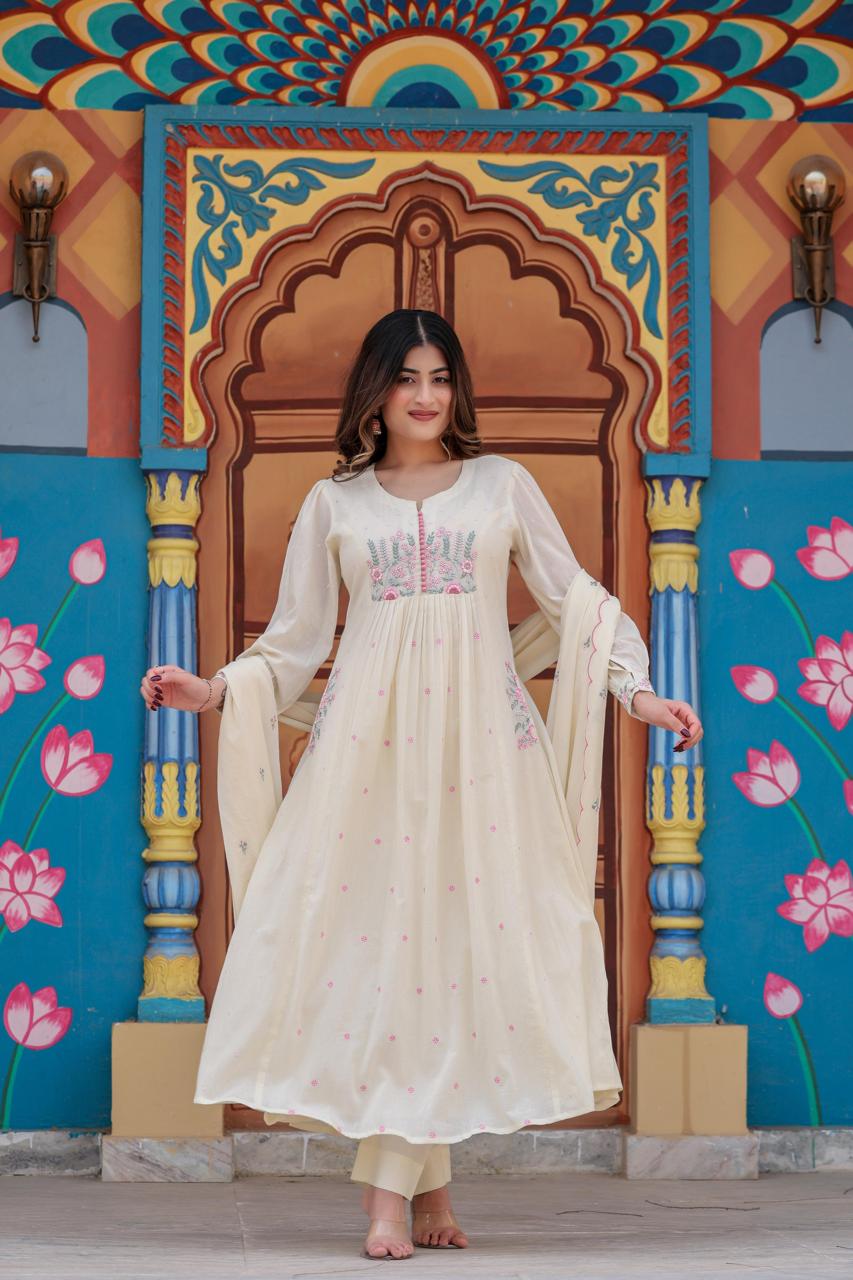 Designer pocket embroidered cotton suit in white