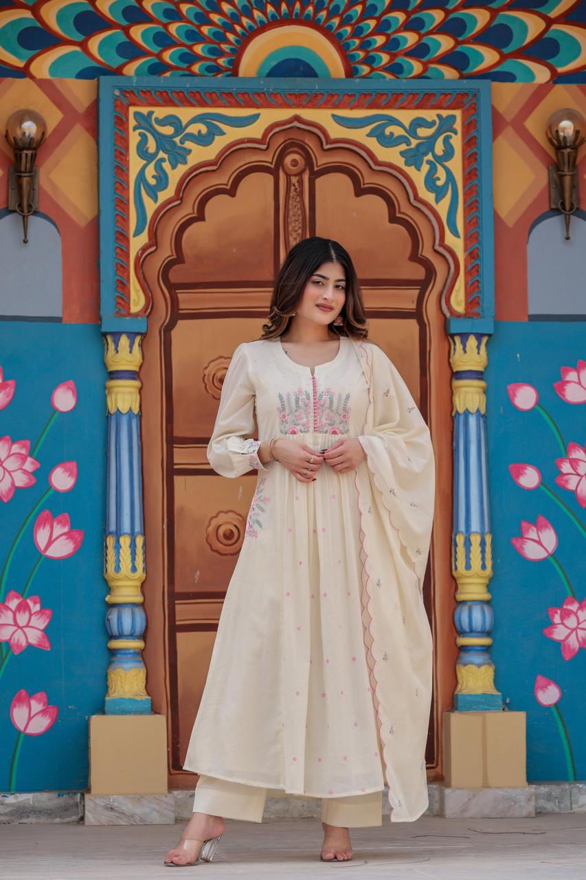 Designer pocket embroidered cotton suit in white