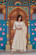 Designer pocket embroidered cotton suit in white