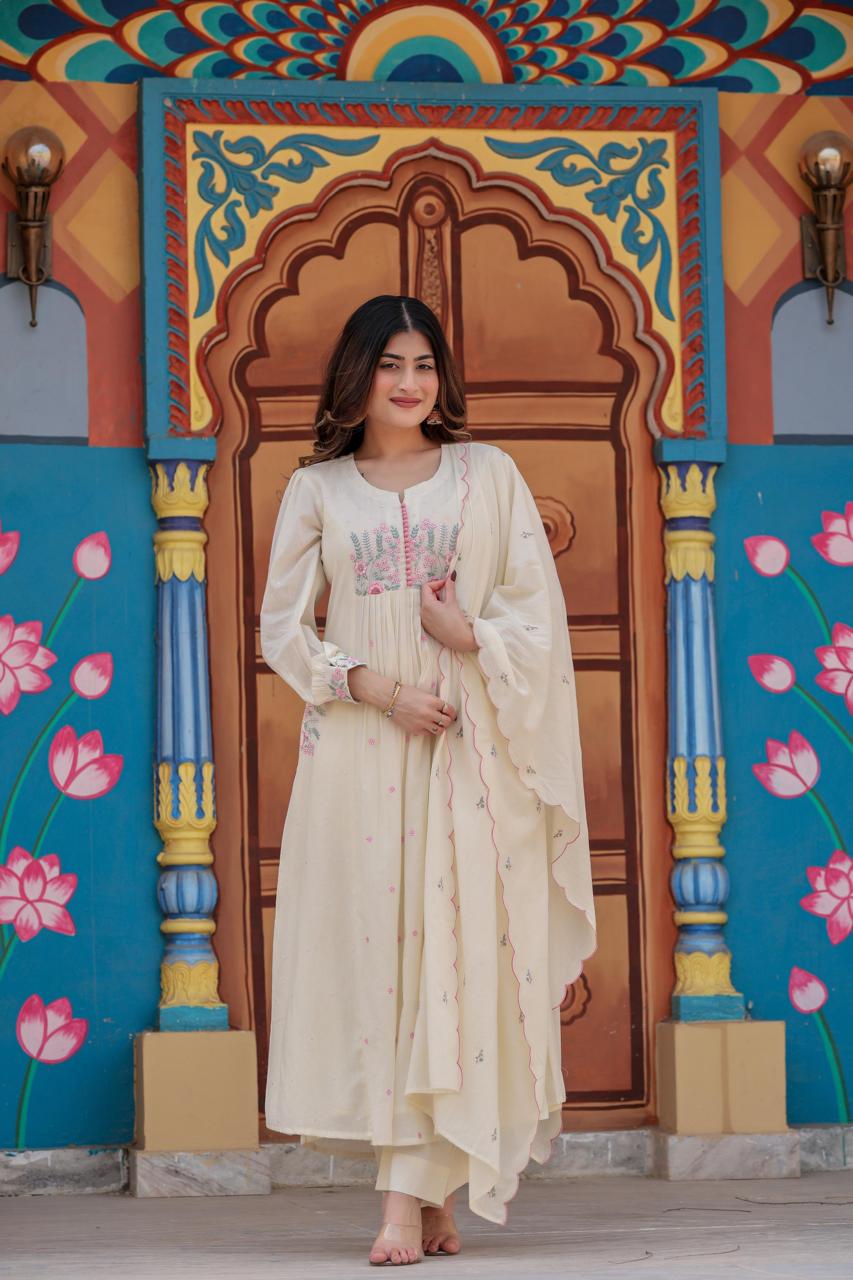 Designer pocket embroidered cotton suit in white