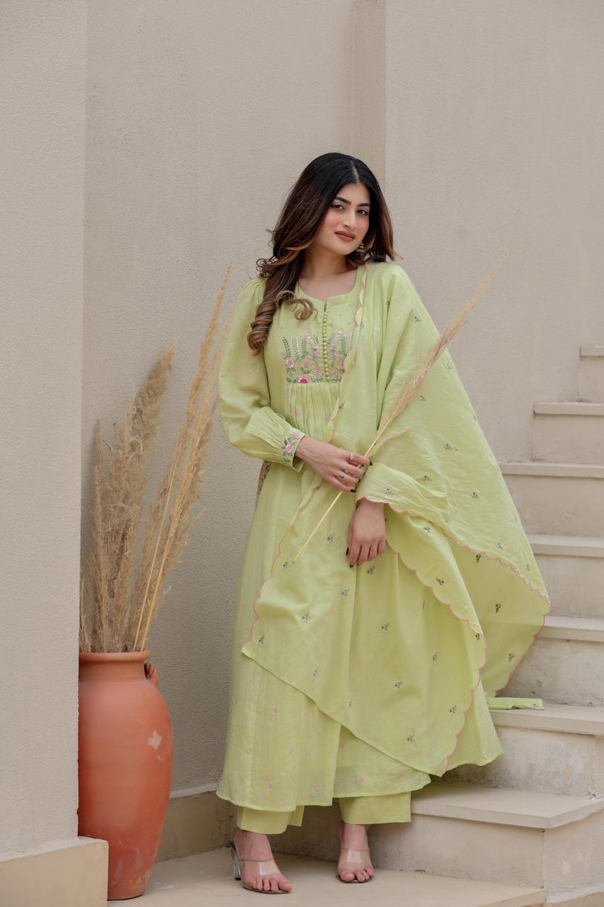 Designer pocket embroidered cotton suit in green