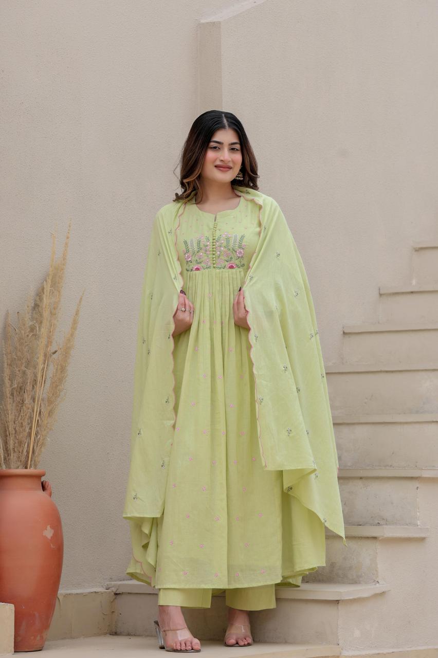 Designer pocket embroidered cotton suit in green