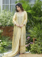 Cut work shimmer tissue full suit in yellow