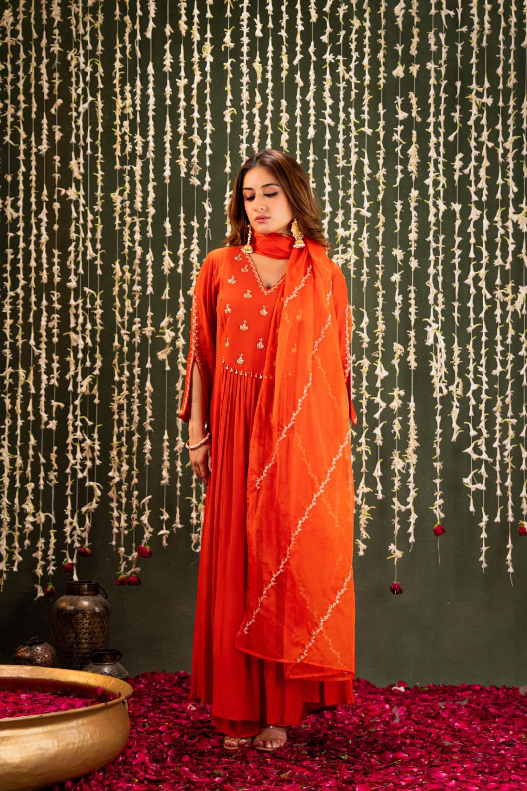 Pure chinon hand work suit set with organza dupatta