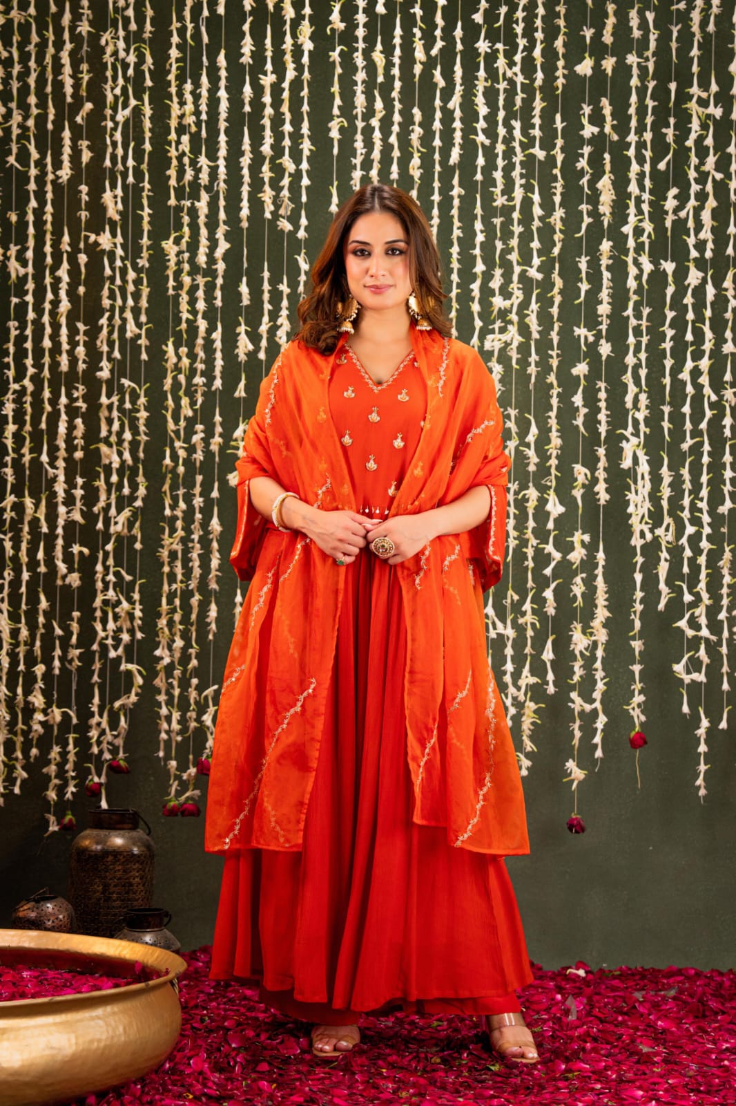 Pure chinon hand work suit set with organza dupatta