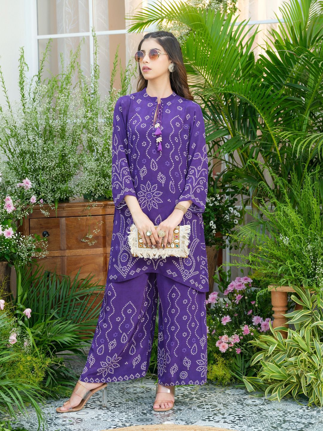 Pure crepe purple bandhani co ord set