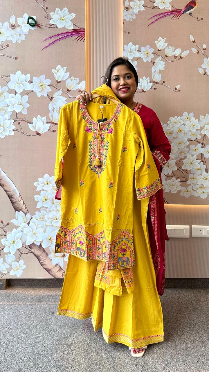 Pire cotton with heavy embroidery n palazzo pant