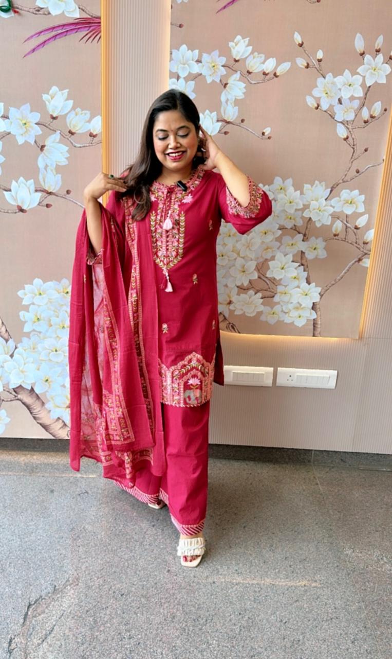 Pire cotton with heavy embroidery n palazzo pant in pink