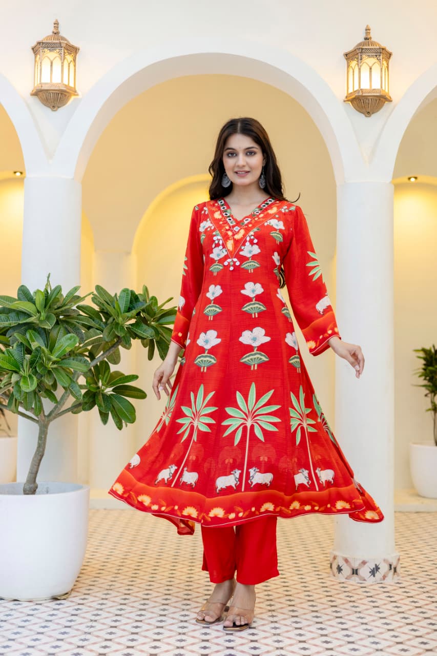 Pure crepe flared Anarkali suit set
