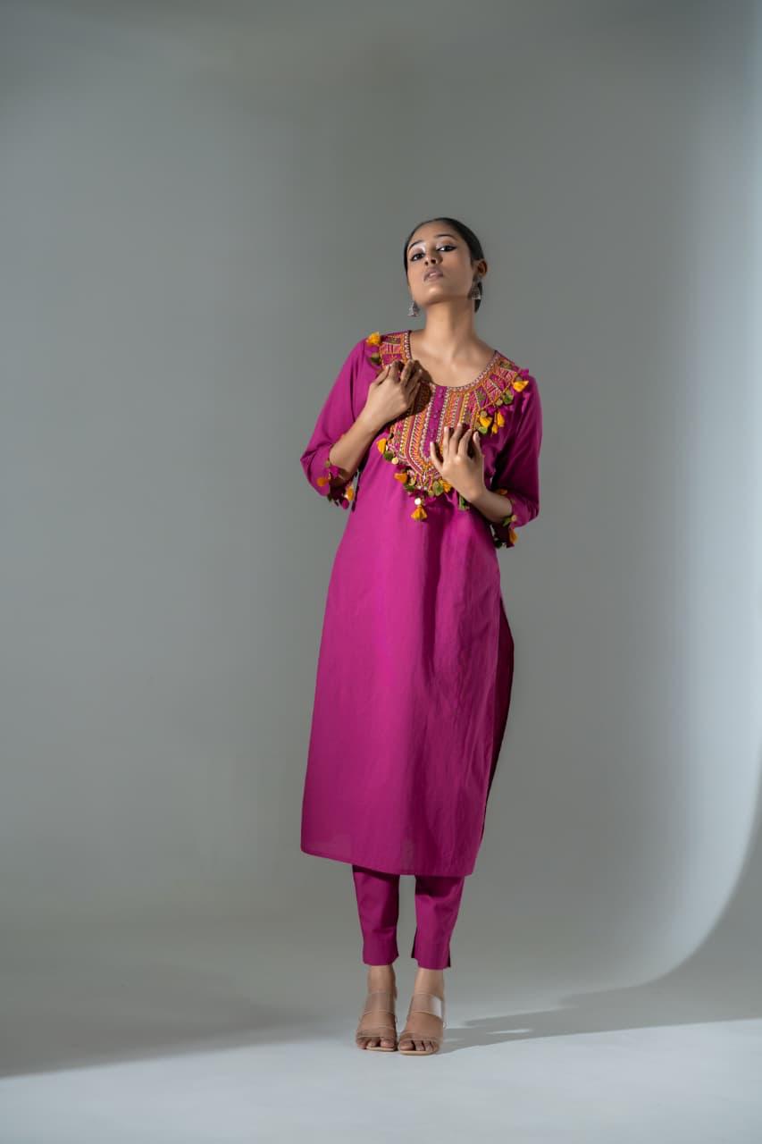 Designer neck cotton kurta pant
