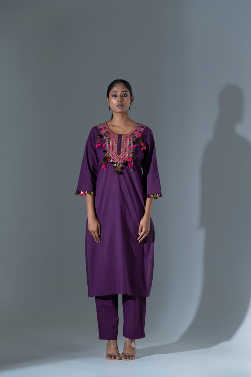 Designer neck cotton kurta pant in purple