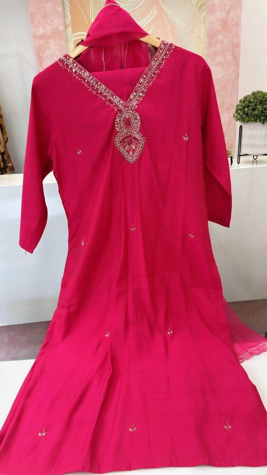 Roman silk zari detailing suit set paired with orgenza dupatta