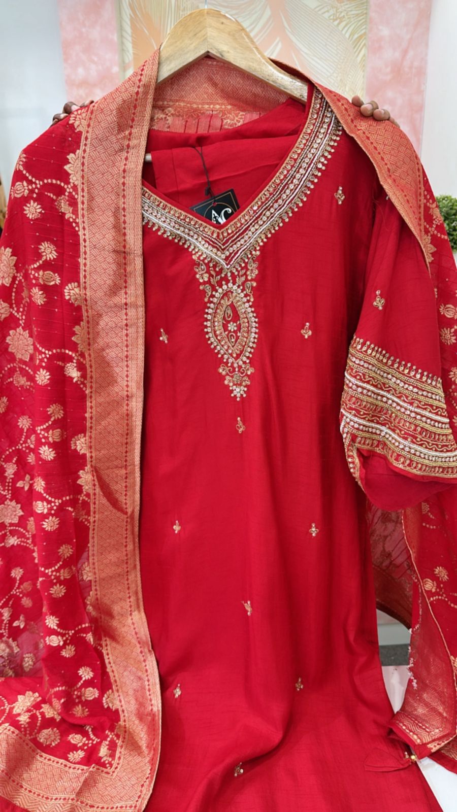 Pretty dola silk hand work suit set paired with Banarasi dupatta
