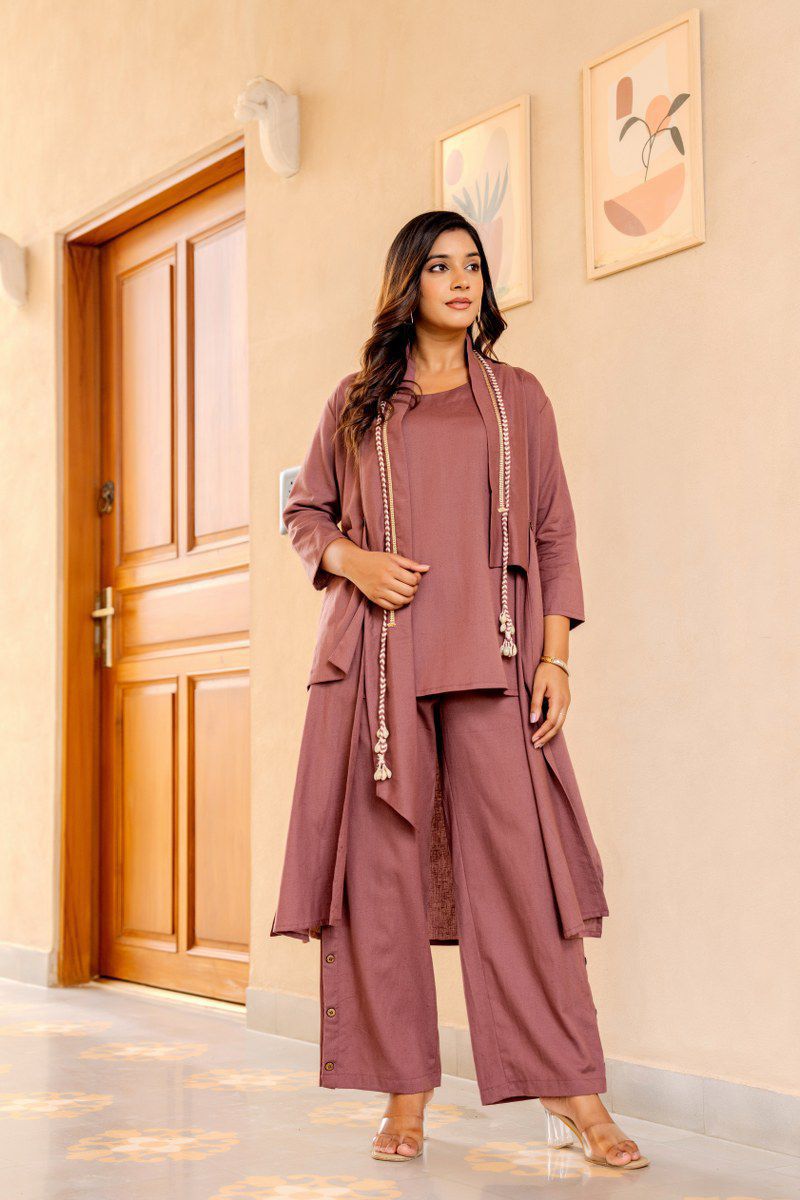 Designer cotton jacket pattern co ord set in purple