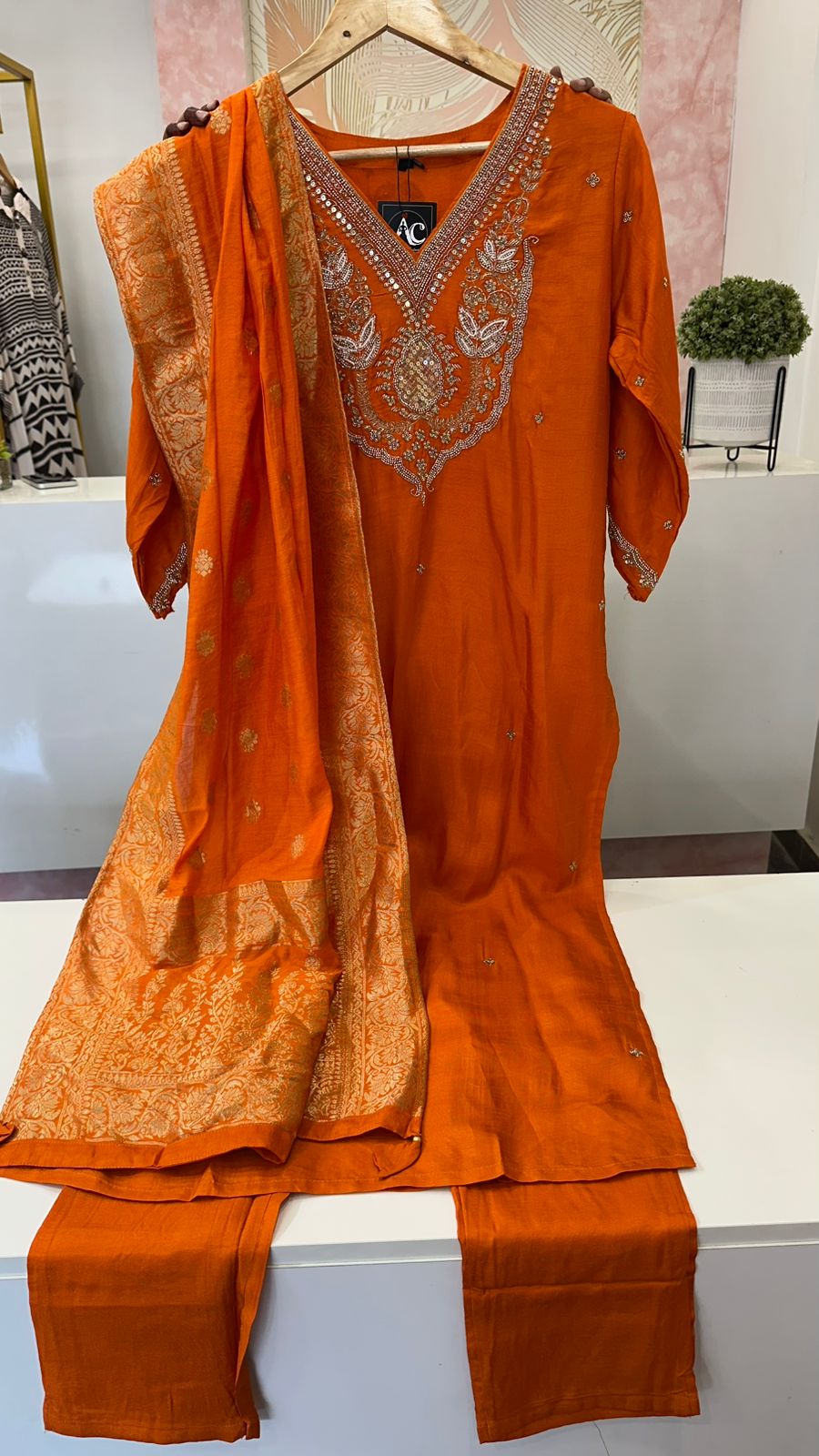 Pretty dola silk handwork suit with designer back in orange
